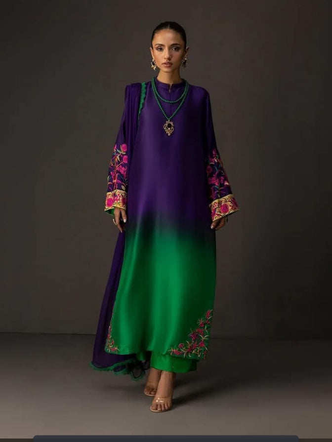 Ombre Embroidered stitched Suit Set Purple 3 piece