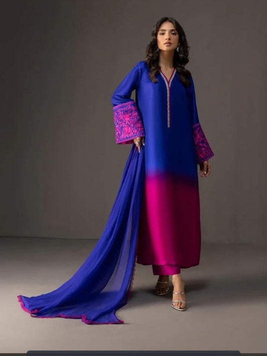 Ombre Embroidered stitched Suit Set Purple 3 piece