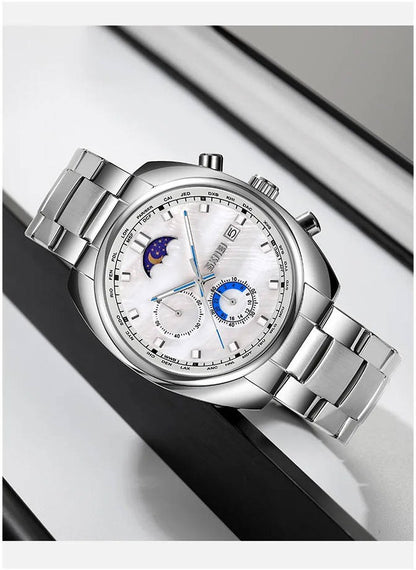 SKMEI Luxury Moon Phase Stainless Steel Watch – Multi-Function Dial with Date & World Time
