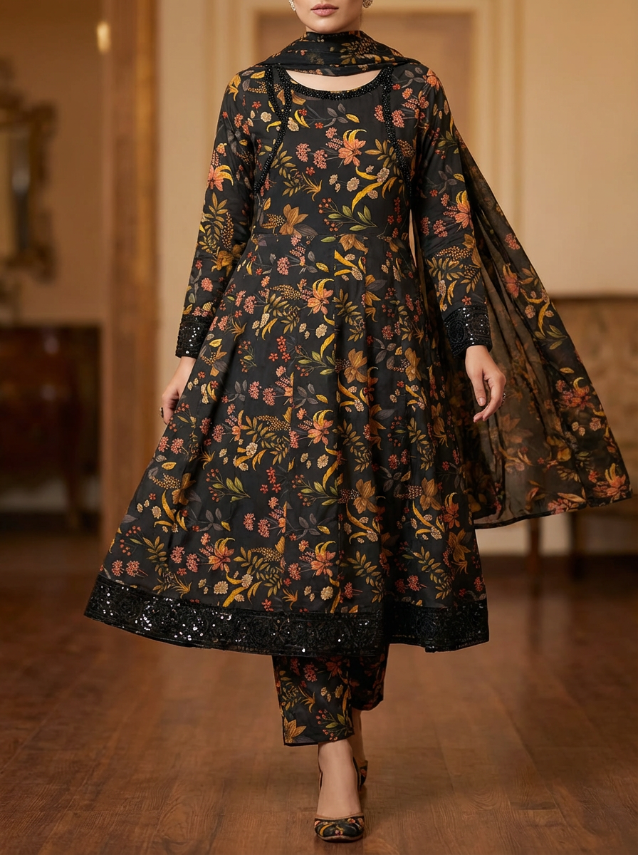 Women's Black Floral Printed Lawn/Cotton 3-Piece Suit - Anarkali Style Long Kurti with Dupatta and Trousers