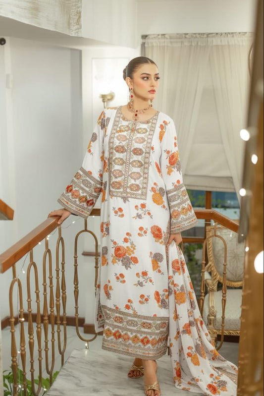 Elegant stitched 3PC Suit with Digital Print & Sequence Dupatta