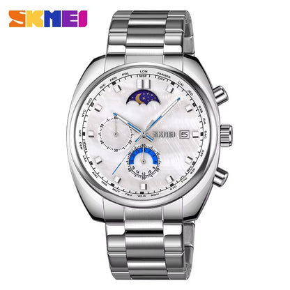 SKMEI Luxury Moon Phase Stainless Steel Watch – Multi-Function Dial with Date & World Time