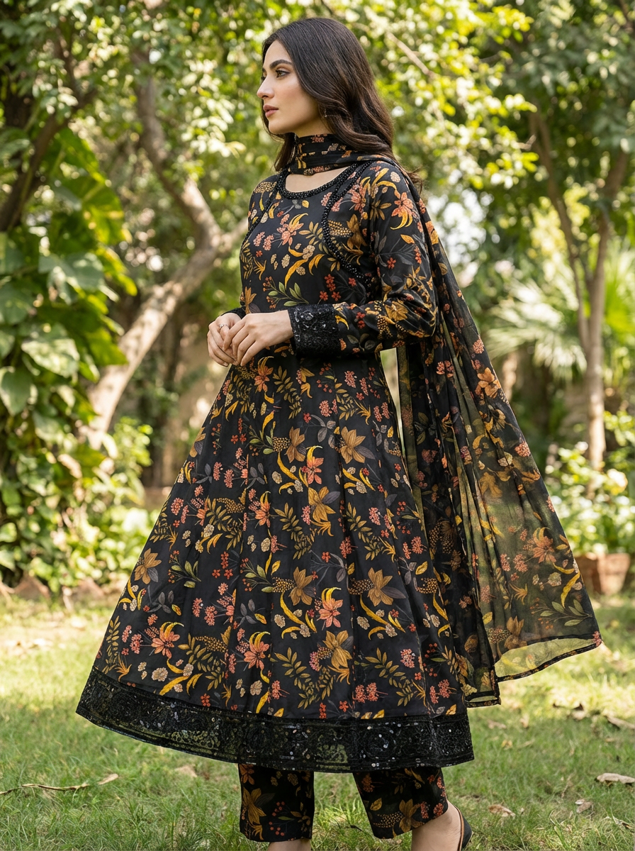 Women's Black Floral Printed Lawn/Cotton 3-Piece Suit - Anarkali Style Long Kurti with Dupatta and Trousers