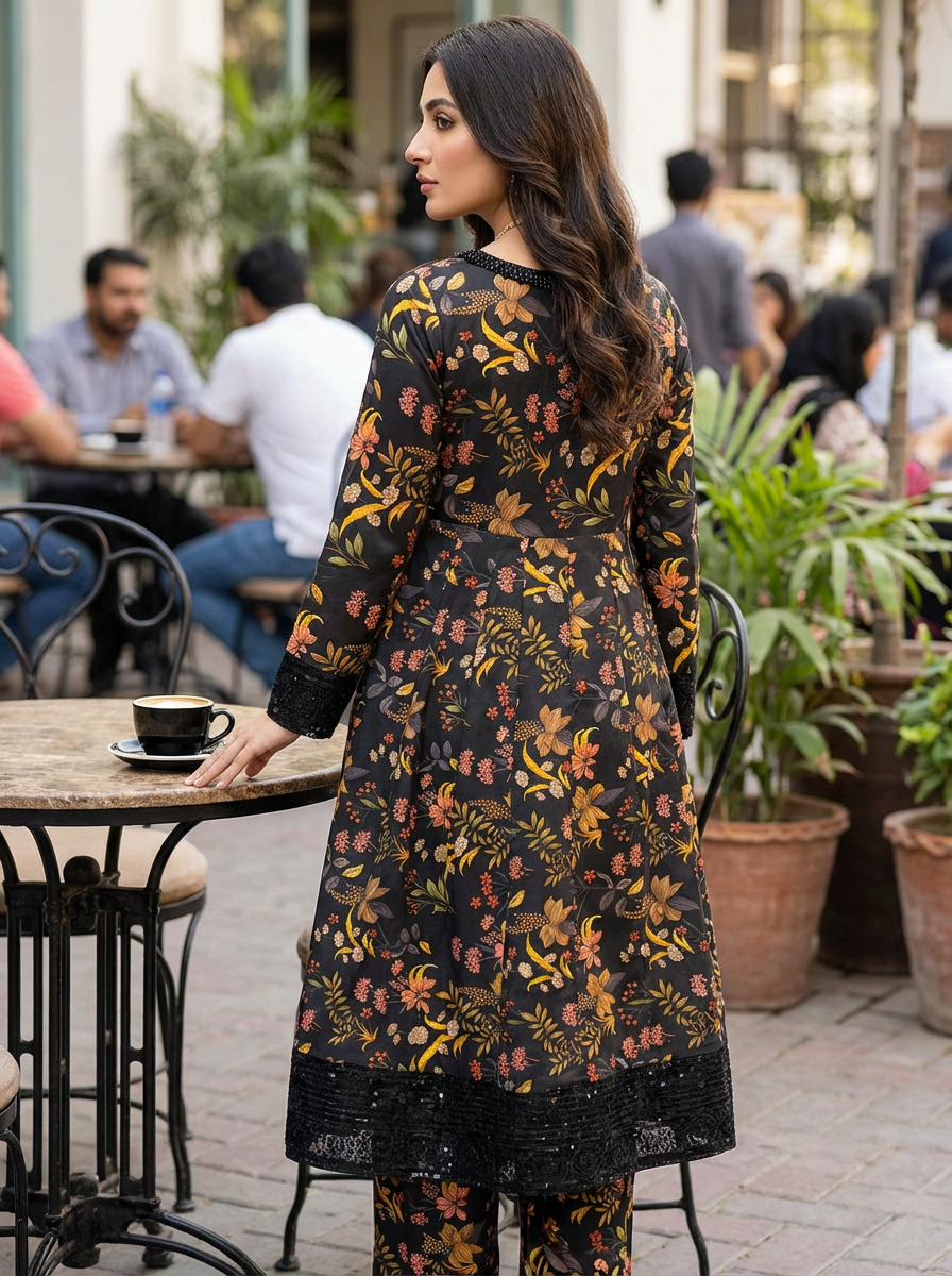 Women's Black Floral Printed Lawn/Cotton 3-Piece Suit - Anarkali Style Long Kurti with Dupatta and Trousers