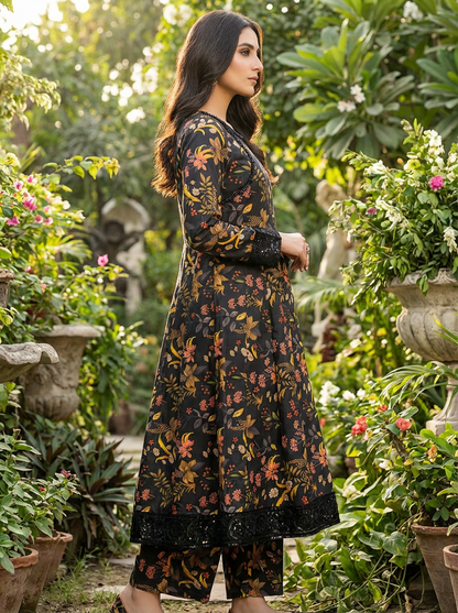 Women's Black Floral Printed Lawn/Cotton 3-Piece Suit - Anarkali Style Long Kurti with Dupatta and Trousers