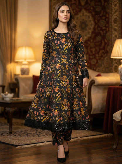 Women's Black Floral Printed Lawn/Cotton 3-Piece Suit - Anarkali Style Long Kurti with Dupatta and Trousers