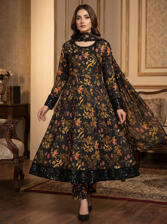 Women's Black Floral Printed Lawn/Cotton 3-Piece Suit - Anarkali Style Long Kurti with Dupatta and Trousers