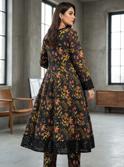 Women's Black Floral Printed Lawn/Cotton 3-Piece Suit - Anarkali Style Long Kurti with Dupatta and Trousers