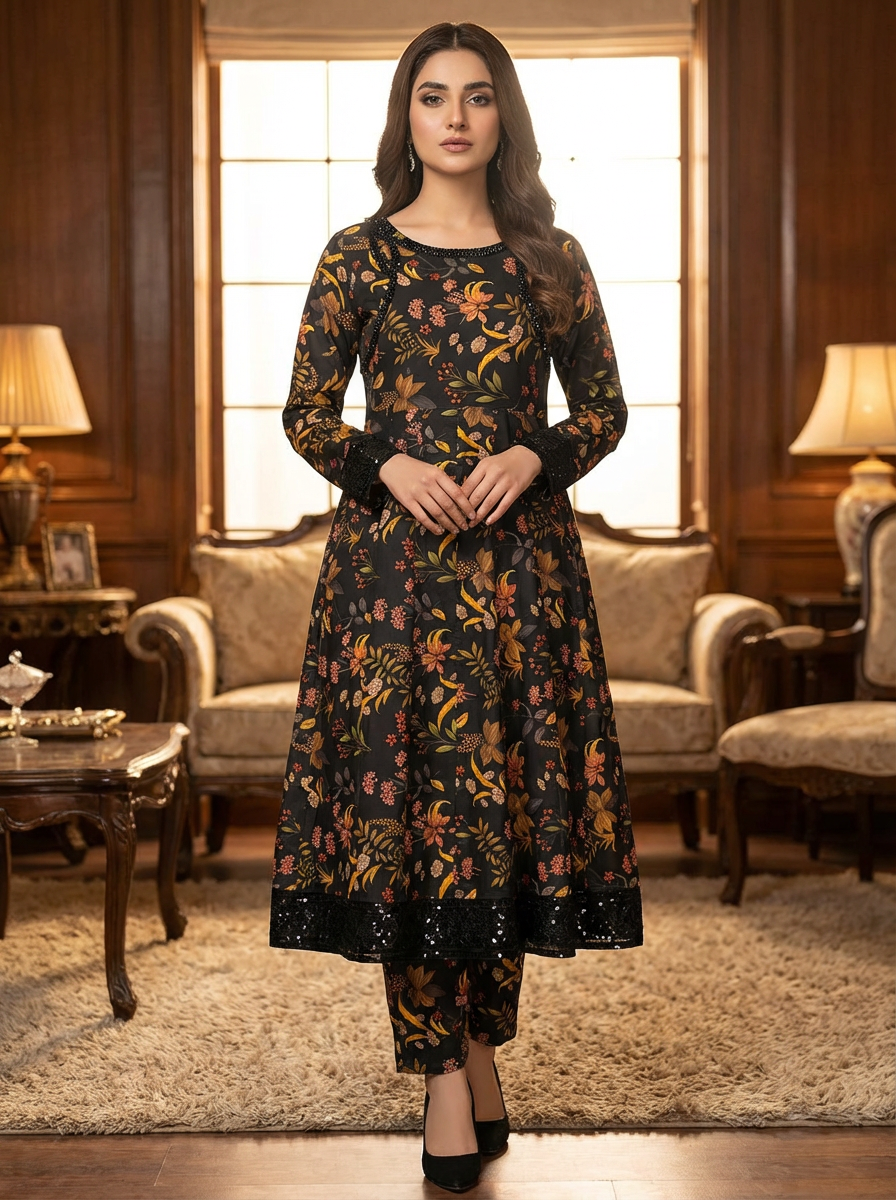 Women's Black Floral Printed Lawn/Cotton 3-Piece Suit - Anarkali Style Long Kurti with Dupatta and Trousers