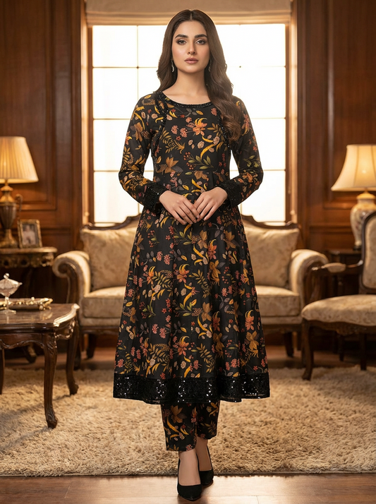 Women's Black Floral Printed Lawn/Cotton 3-Piece Suit - Anarkali Style Long Kurti with Dupatta and Trousers