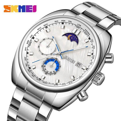 SKMEI Luxury Moon Phase Stainless Steel Watch – Multi-Function Dial with Date & World Time