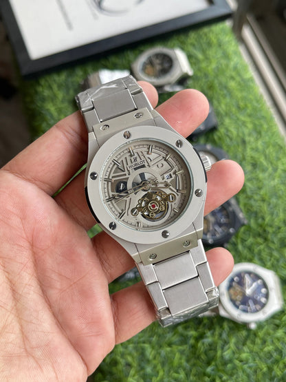Luxury Skeleton Dial Men's Watch – Stainless Steel Strap | Analog Quartz Wristwatch for Men – Silver Edition