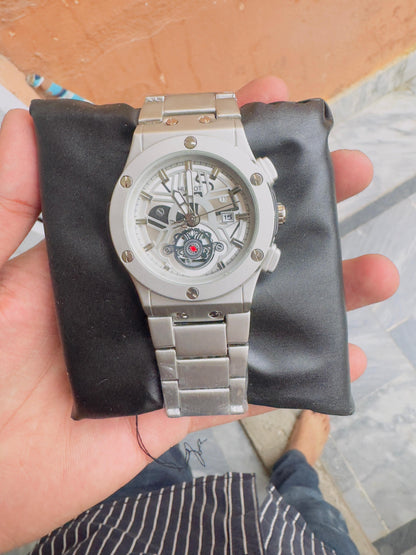 Luxury Skeleton Dial Men's Watch – Stainless Steel Strap | Analog Quartz Wristwatch for Men – Silver Edition