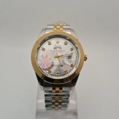 Luxury Two-Tone Stainless Steel Men's Watch – Diamond Style Bezel White Dial Analog Quartz Wristwatch with Date Display
