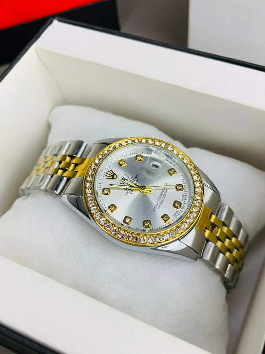 Luxury Two-Tone Stainless Steel Men's Watch – Diamond Style Bezel White Dial Analog Quartz Wristwatch with Date Display