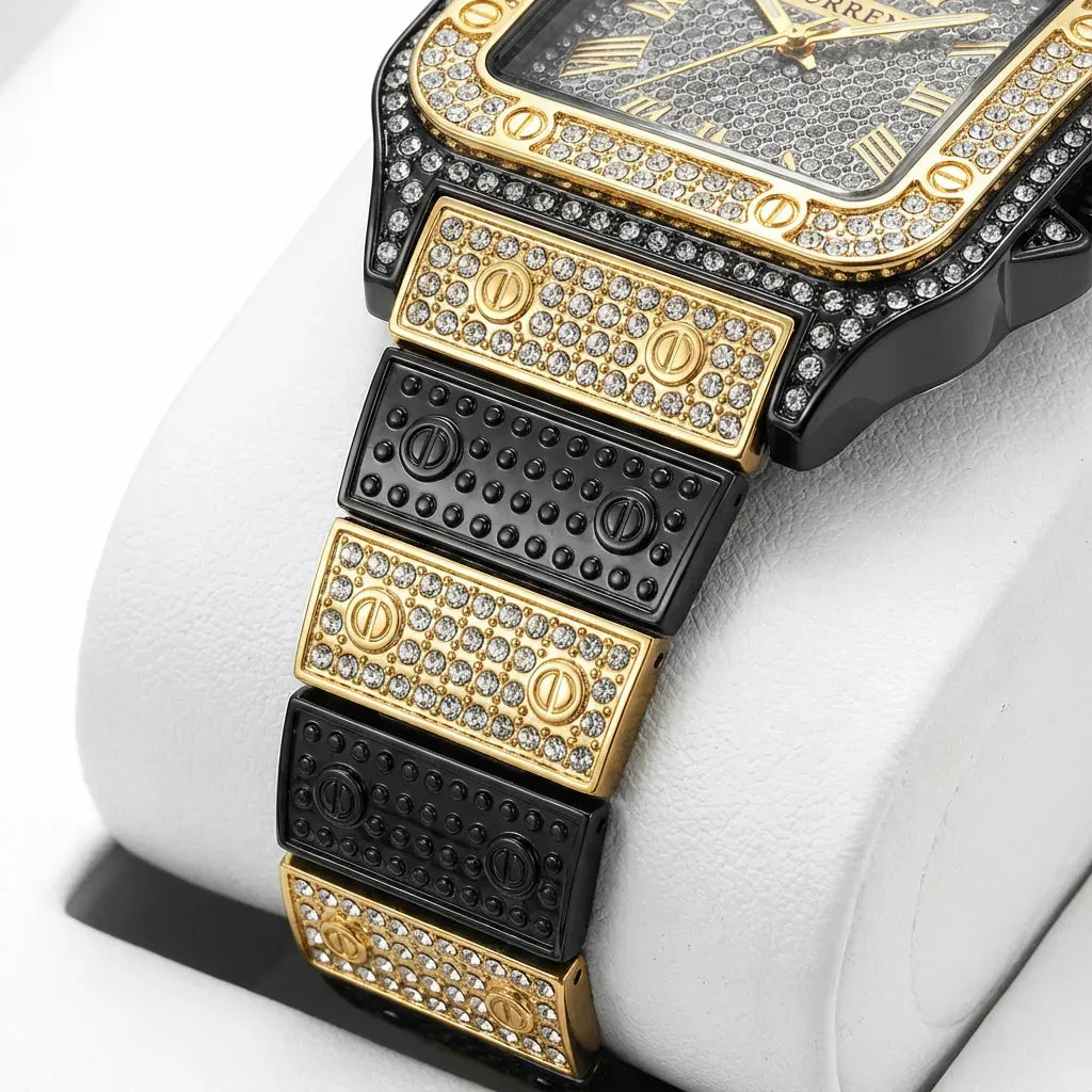 Luxury Square Dial Men’s Watch – Crystal Studded Gold & Black Quartz Wrist Watch