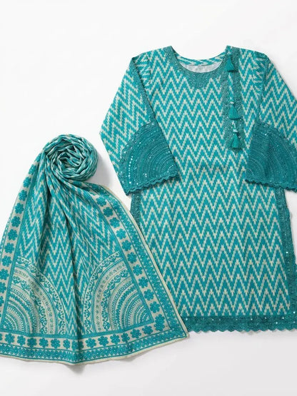 3-Piece Women’s Teal & White Printed cotton Suit