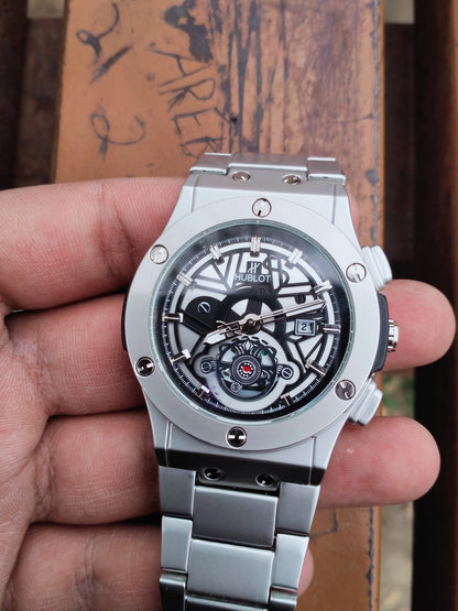 Luxury Skeleton Dial Men's Watch – Stainless Steel Strap | Analog Quartz Wristwatch for Men – Silver Edition