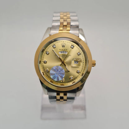 Luxury Two-Tone Stainless Steel Men's Watch – Diamond Style Bezel White Dial Analog Quartz Wristwatch with Date Display