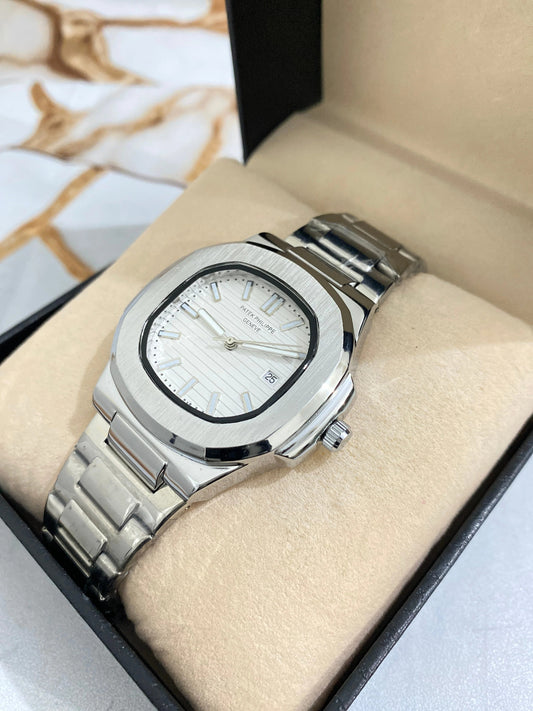 Luxury Stainless Steel Classic Watch – White Dial with Date Display