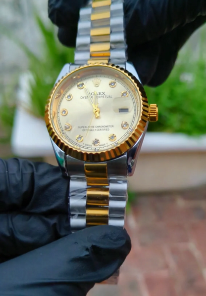 Luxury Two-Tone Stainless Steel Men's Watch – Diamond Style Bezel White Dial Analog Quartz Wristwatch with Date Display