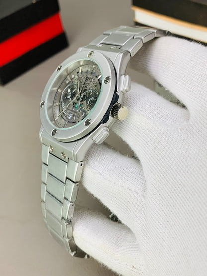 Luxury Skeleton Dial Men's Watch – Stainless Steel Strap | Analog Quartz Wristwatch for Men – Silver Edition