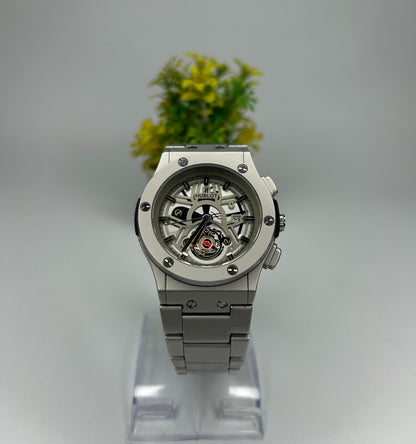 Luxury Skeleton Dial Men's Watch – Stainless Steel Strap | Analog Quartz Wristwatch for Men – Silver Edition