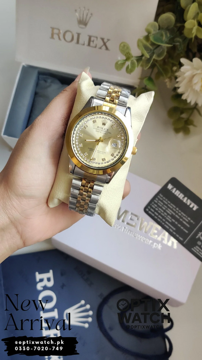 Luxury Two-Tone Stainless Steel Men's Watch – Diamond Style Bezel White Dial Analog Quartz Wristwatch with Date Display
