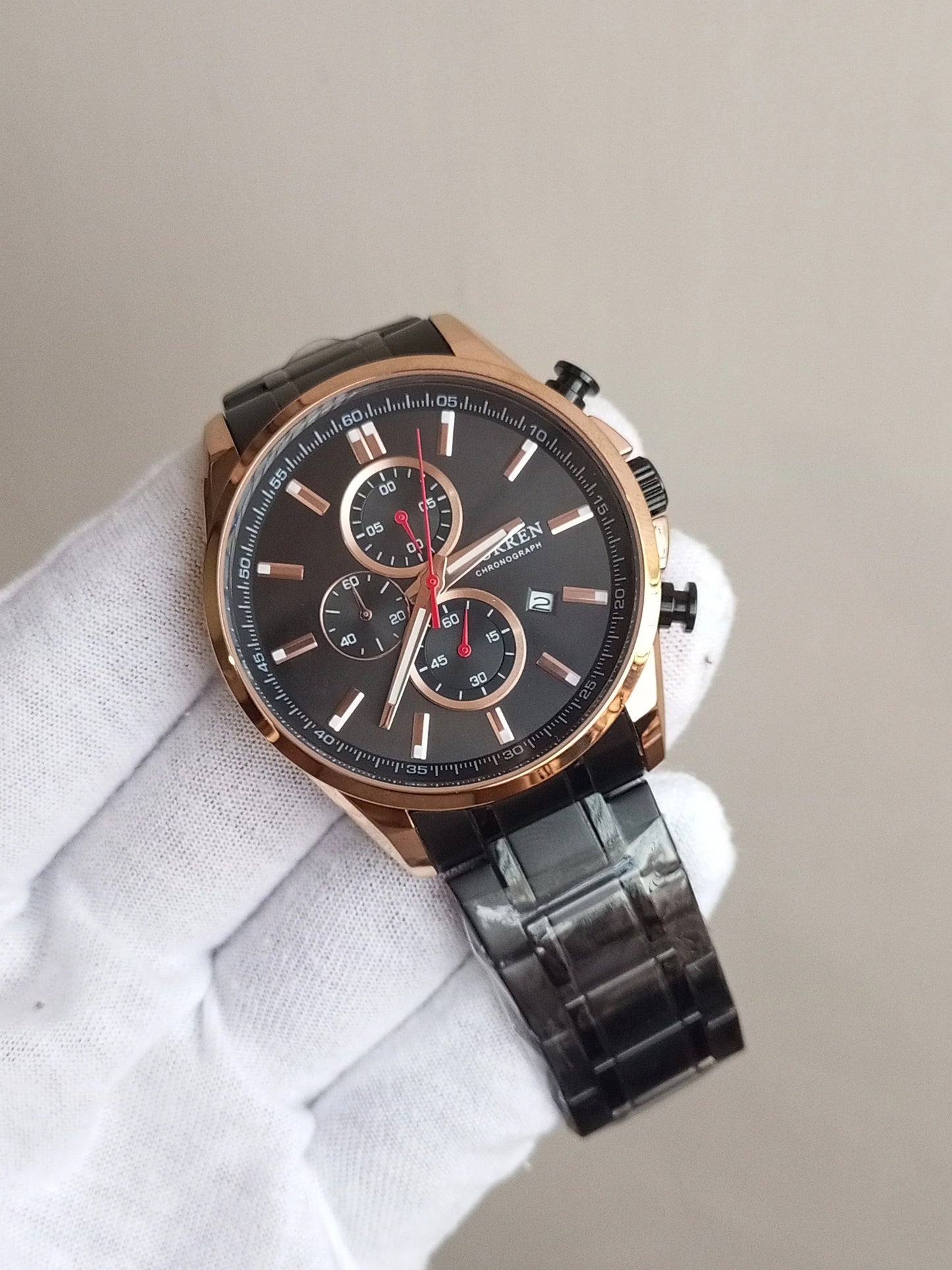 Theodore Luxury Chronograph Watch – Black & Rose Gold Stainless Steel Men’s Watch