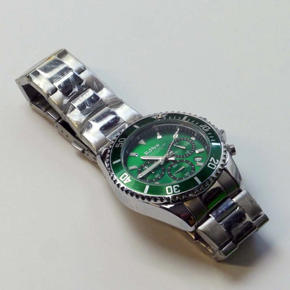 OLEVS Green Luxury Sports Watch – Moon Phase Chronograph Style with Stainless Steel Strap