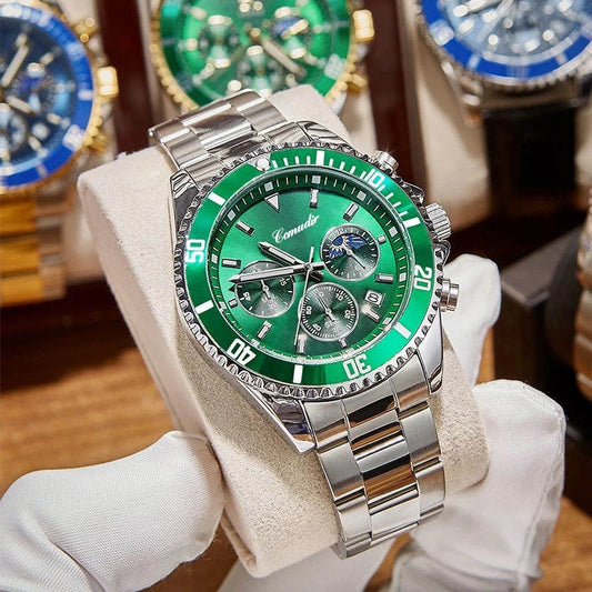 OLEVS Green Luxury Sports Watch – Moon Phase Chronograph Style with Stainless Steel Strap