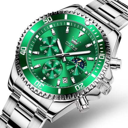 OLEVS Green Luxury Sports Watch – Moon Phase Chronograph Style with Stainless Steel Strap