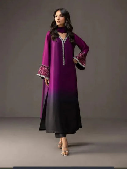 Ombre Embroidered stitched Suit Set Purple 3 piece