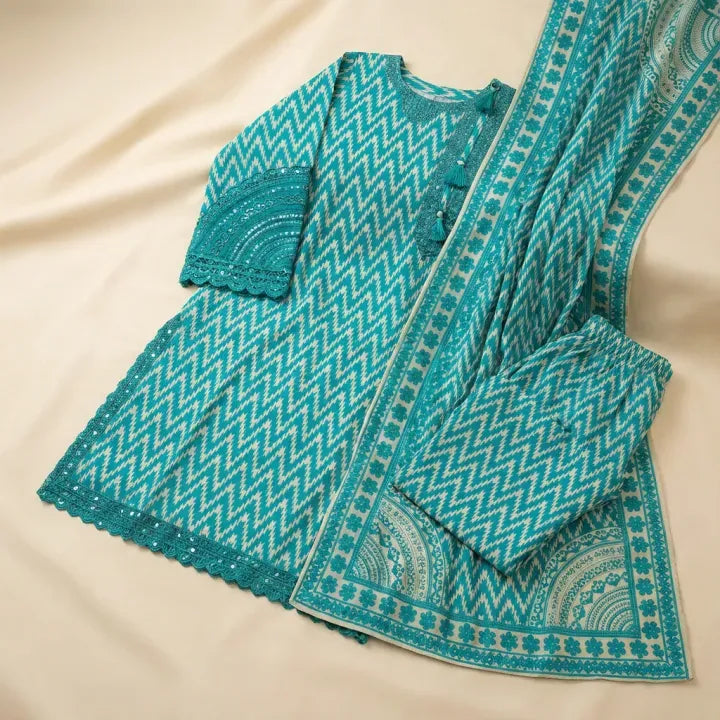 3-Piece Women’s Teal & White Printed cotton Suit