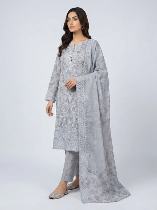 Elegant Grey 3-Piece Embroidered Suit for Women - Printed Lawn/Cotton Kameez with Fancy Dupatta & Trouser stitched
