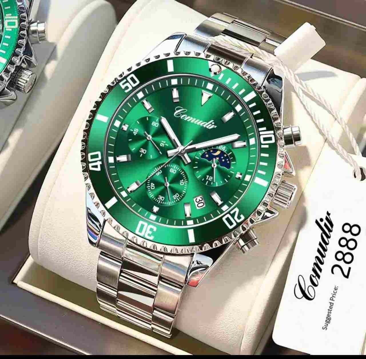 OLEVS Green Luxury Sports Watch – Moon Phase Chronograph Style with Stainless Steel Strap