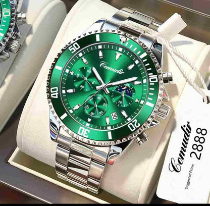 OLEVS Green Luxury Sports Watch – Moon Phase Chronograph Style with Stainless Steel Strap