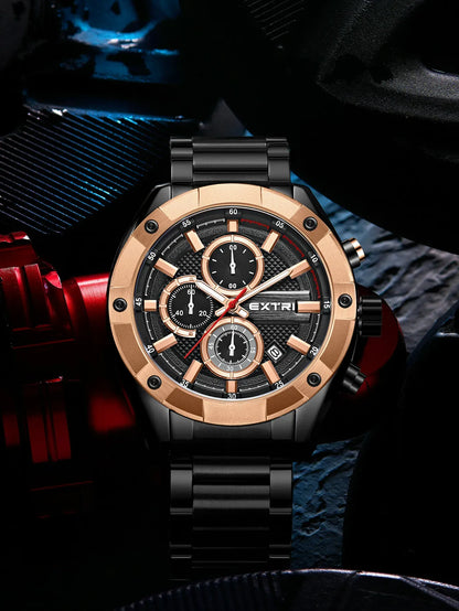 Theodore Luxury Chronograph Watch – Black & Rose Gold Stainless Steel Men’s Watch
