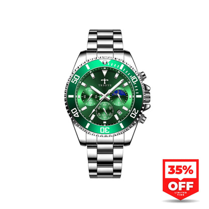 OLEVS Green Luxury Sports Watch – Moon Phase Chronograph Style with Stainless Steel Strap