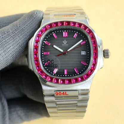 Luxury Men's Stainless Steel Watch – Black Dial with Ruby/Blue Stone Bezel – Analog Quartz Wristwatch with Date Display