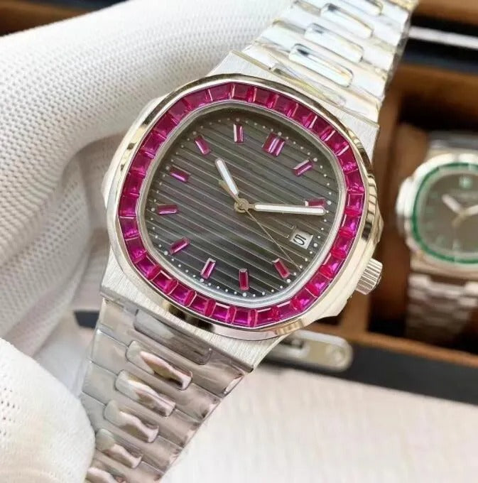 Luxury Men's Stainless Steel Watch – Black Dial with Ruby/Blue Stone Bezel – Analog Quartz Wristwatch with Date Display