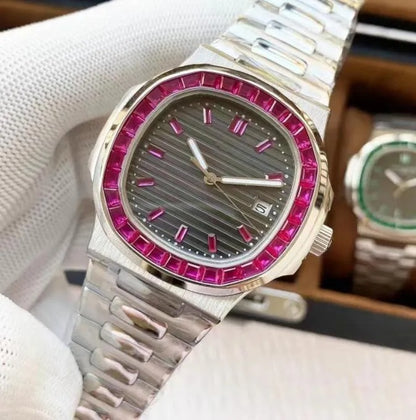 Luxury Men's Stainless Steel Watch – Black Dial with Ruby/Blue Stone Bezel – Analog Quartz Wristwatch with Date Display