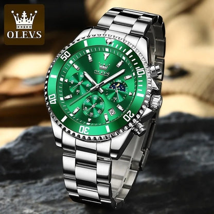 OLEVS Green Luxury Sports Watch – Moon Phase Chronograph Style with Stainless Steel Strap