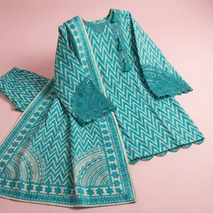 3-Piece Women’s Teal & White Printed cotton Suit
