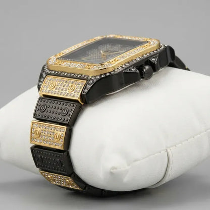 Luxury Square Dial Men’s Watch – Crystal Studded Gold & Black Quartz Wrist Watch