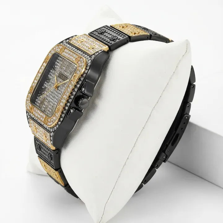 Luxury Square Dial Men’s Watch – Crystal Studded Gold & Black Quartz Wrist Watch