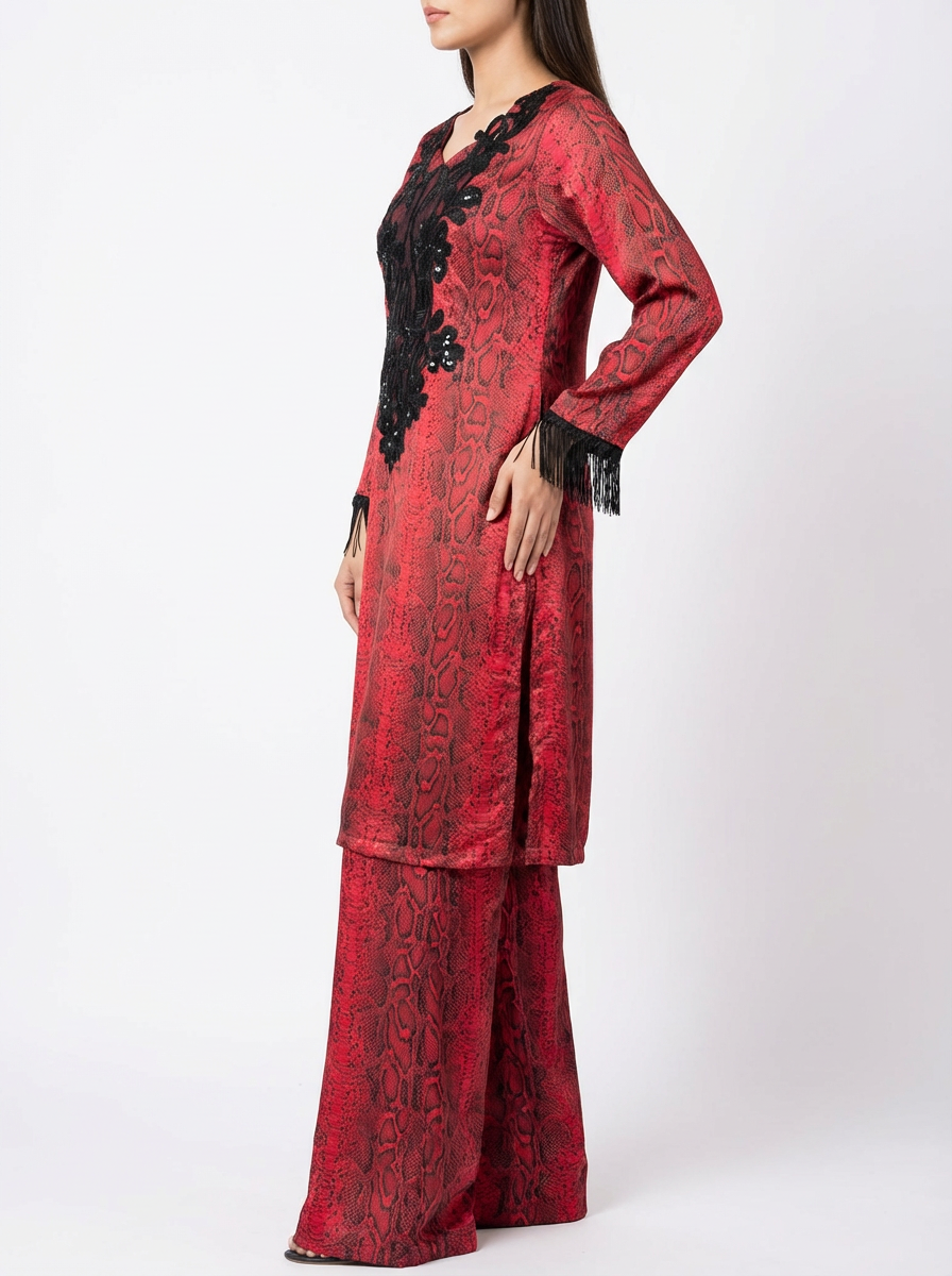 Women's Stitched 2 Piece Suit - Red & Black Snakeskin Printed Shirt & Trouser Women's Stitched 2 Piece Suit - Red & Black Snakeskin Printed Shirt & Trouse