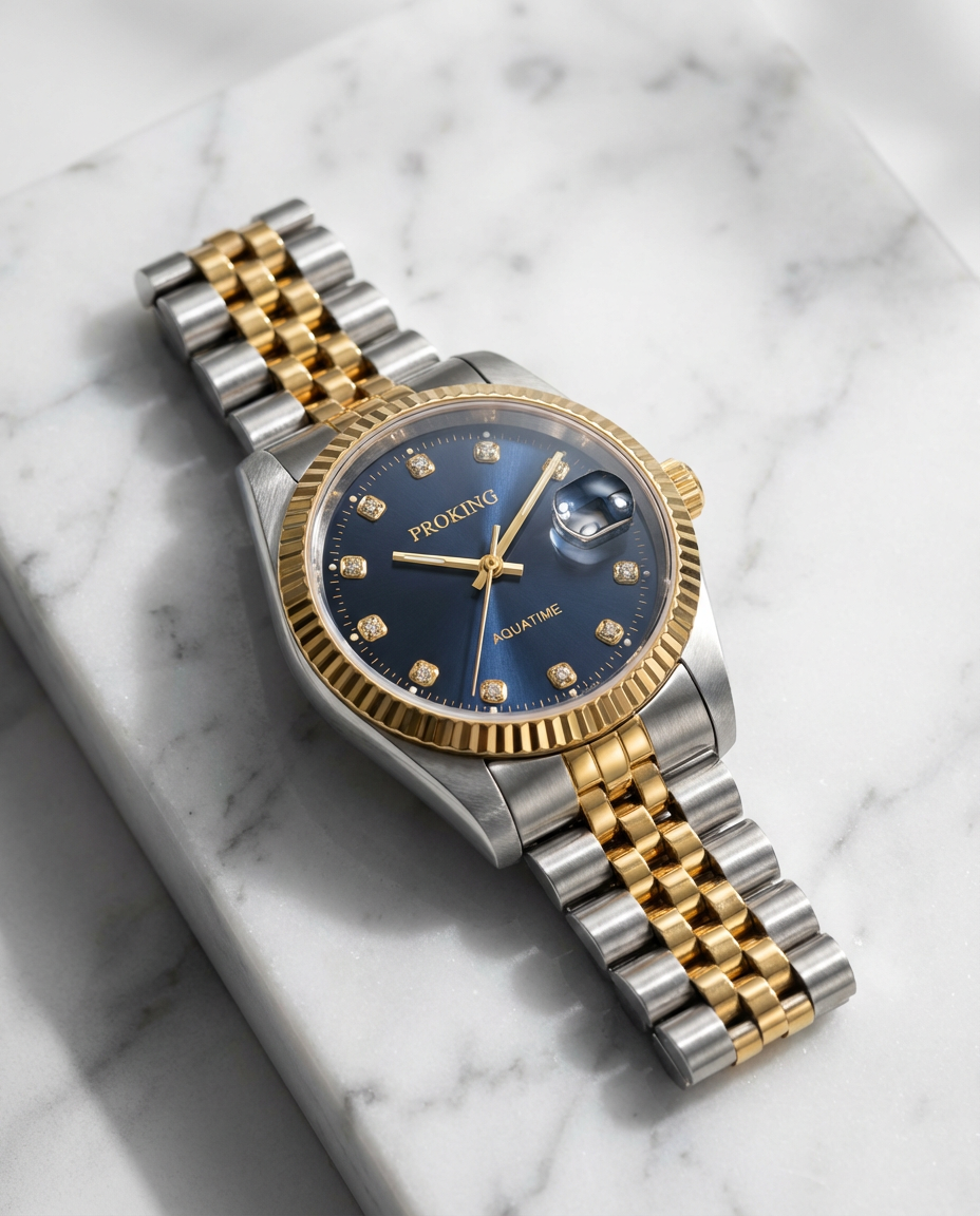 🕰️ PROKING Two-Tone Luxury Men's Wrist Watch – Gold & Silver Stainless Steel, Date Display, Diamond Markers, Water Resistant