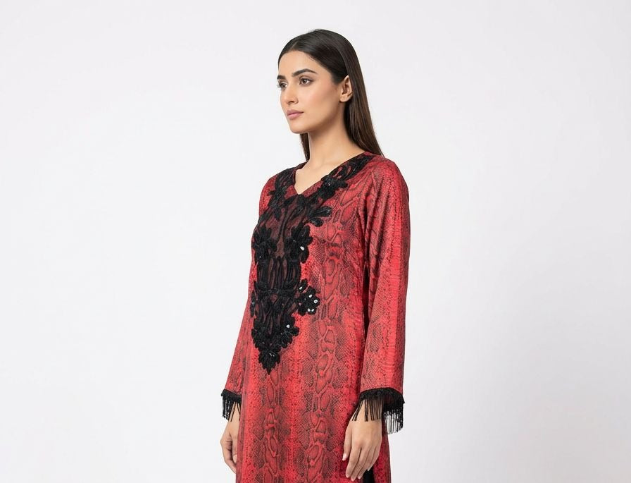 Women's Stitched 2 Piece Suit - Red & Black Snakeskin Printed Shirt & Trouser Women's Stitched 2 Piece Suit - Red & Black Snakeskin Printed Shirt & Trouse