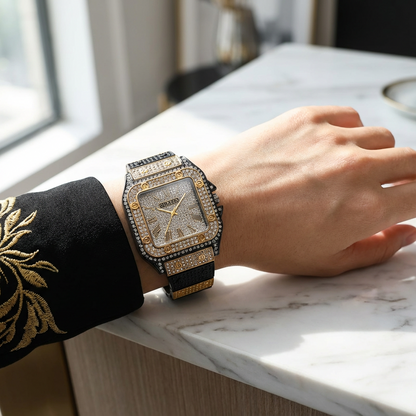 Luxury Square Dial Men’s Watch – Crystal Studded Gold & Black Quartz Wrist Watch